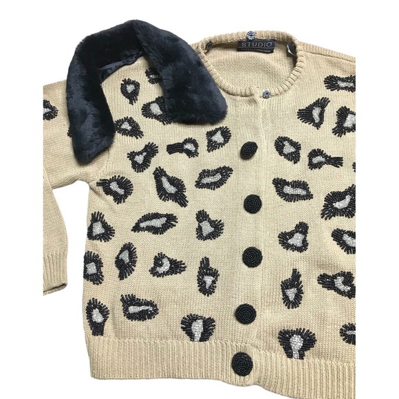 Studio Marisa Christina Beaded Leopard Knit Cardigan Sweater Removable Collar L